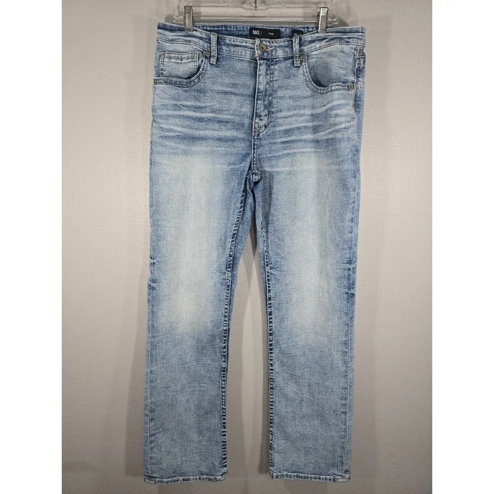 BKE Tyler Jeans 36x32 Light Wash Straight Fit Denim Thick Stitch Whiskered BE